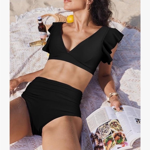 NWT Women Ruffle High Waisted Push Up Bathing suit bikini medium black - Picture 6 of 7